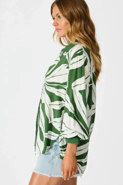 Hot Adila Shirt in Green with White Leaf Tops|Casual