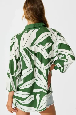 Hot Adila Shirt in Green with White Leaf Tops|Casual