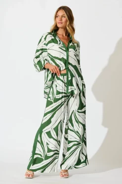 Hot Adila Shirt in Green with White Leaf Tops|Casual