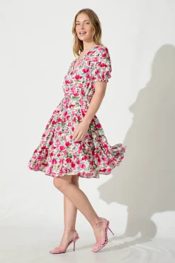 Fashion Adilah Dress in White with Pink and Green Floral Dresses|Casual
