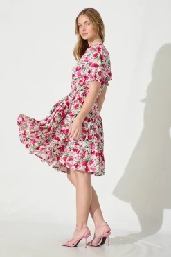 Fashion Adilah Dress in White with Pink and Green Floral Dresses|Casual