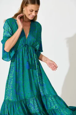 New Admire You Maxi Dress in Green with Blue Floral Dresses|Casual