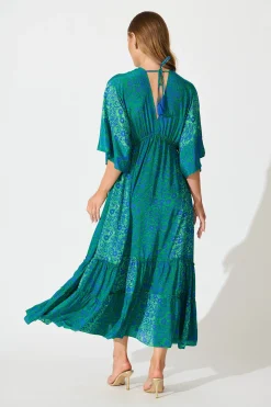 New Admire You Maxi Dress in Green with Blue Floral Dresses|Casual