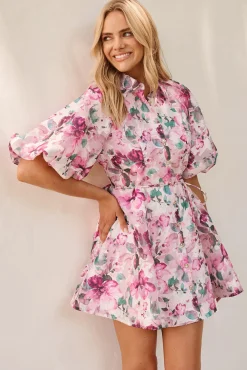 Sale Admirer Shirt Dress in Multi Pink Floral Organza Dresses|Party