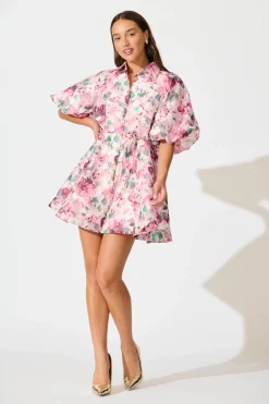 Sale Admirer Shirt Dress in Multi Pink Floral Organza Dresses|Party