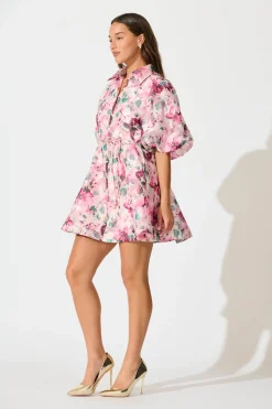 Sale Admirer Shirt Dress in Multi Pink Floral Organza Dresses|Party