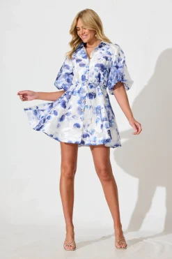 Fashion Admirer Shirt Dress in White with Blue Floral Organza Dresses|Party