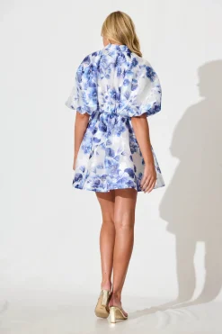 Fashion Admirer Shirt Dress in White with Blue Floral Organza Dresses|Party