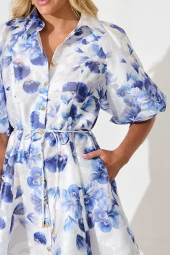 Fashion Admirer Shirt Dress in White with Blue Floral Organza Dresses|Party