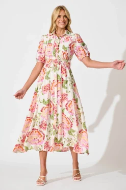 Fashion Adore Maxi Shirt Dress in Cream with Multi Floral Wedding Guest