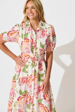 Fashion Adore Maxi Shirt Dress in Cream with Multi Floral Wedding Guest