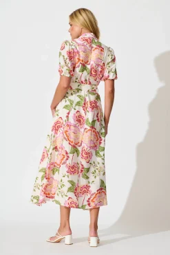 Fashion Adore Maxi Shirt Dress in Cream with Multi Floral Wedding Guest