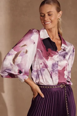 Best Afternoon Shirt In Pink With Purple Watercolour Satin Tops|Casual