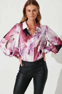 Best Afternoon Shirt In Pink With Purple Watercolour Satin Tops|Casual