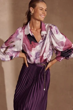 Best Afternoon Shirt In Pink With Purple Watercolour Satin Tops|Casual