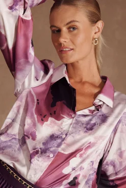 Best Afternoon Shirt In Pink With Purple Watercolour Satin Tops|Casual