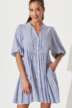 Outlet Aine Shirt Dress In Blue Stripe Cotton Dresses|Casual