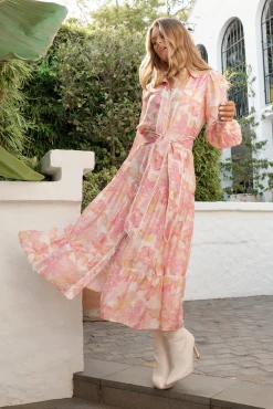 New Alaina Maxi Shirt Dress in Pink Floral With White Lace Trim Dresses|Party
