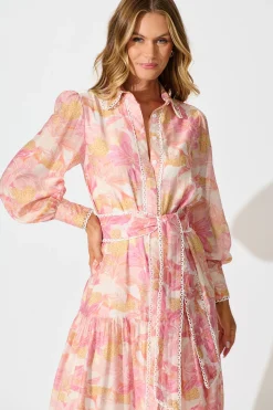 New Alaina Maxi Shirt Dress in Pink Floral With White Lace Trim Dresses|Party