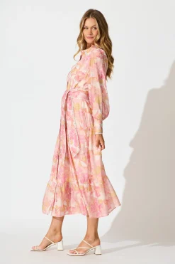 New Alaina Maxi Shirt Dress in Pink Floral With White Lace Trim Dresses|Party