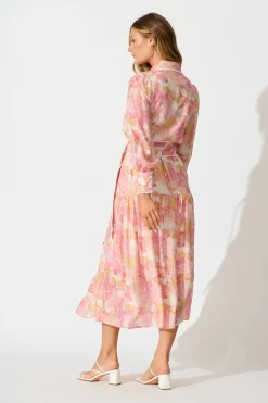 New Alaina Maxi Shirt Dress in Pink Floral With White Lace Trim Dresses|Party