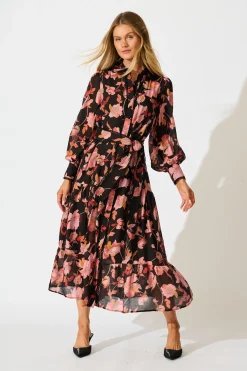 Online Alaina Maxi Shirt Dress in Black Floral with Black Lace Trim Dresses|Party