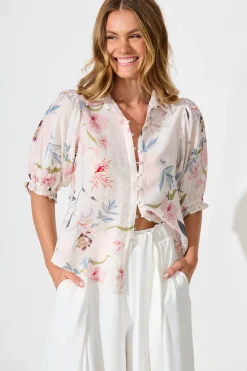 Outlet Alexandros Shirt in White with Pink Multi Floral Tops|Party & Occasion