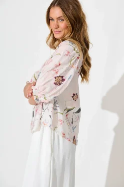 Outlet Alexandros Shirt in White with Pink Multi Floral Tops|Party & Occasion