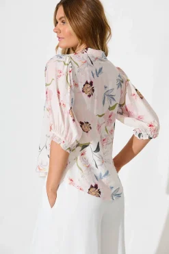 Outlet Alexandros Shirt in White with Pink Multi Floral Tops|Party & Occasion