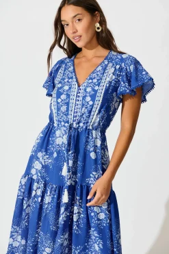 Fashion Alice Maxi Dress in Blue with White Floral Dresses|Casual