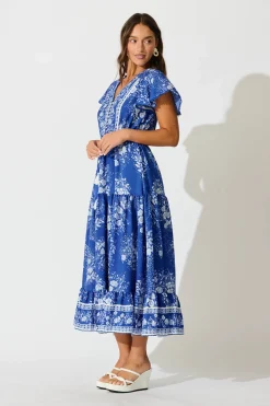 Fashion Alice Maxi Dress in Blue with White Floral Dresses|Casual