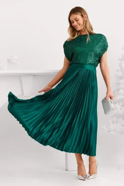 Hot Allison Midi Pleat Skirt In Emerald Satin Bottoms|Skirts & Shorts