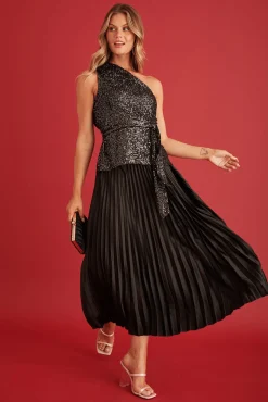 Fashion Allison Midi Pleat Skirt In Black Satin Bottoms|Skirts & Shorts