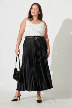 Fashion Allison Midi Pleat Skirt In Black Satin Bottoms|Skirts & Shorts