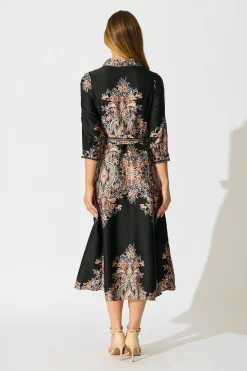 Discount Alvana Midi Shirt Dress in Black and Multi Print Satin Dresses|Party