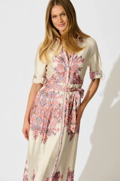 Clearance Alvana Midi Shirt Dress in Cream and Pink Print Satin Dresses|Party