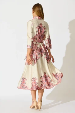 Clearance Alvana Midi Shirt Dress in Cream and Pink Print Satin Dresses|Party