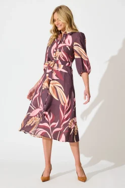 Clearance Alvia Midi Shirt Dress in Plum with Multi Floral Print Dresses|Casual