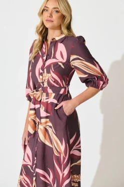Clearance Alvia Midi Shirt Dress in Plum with Multi Floral Print Dresses|Casual