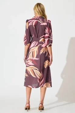 Clearance Alvia Midi Shirt Dress in Plum with Multi Floral Print Dresses|Casual