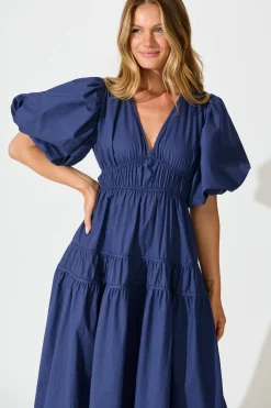 Clearance Amalie Midi Dress In Navy Cotton Dresses|Casual