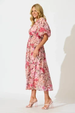 New Amalie Midi Dress In Vintage Blush Floral Print Dresses|Casual