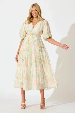 Fashion Amalie Midi Dress In White with Pastel Multi Floral Dresses|Casual