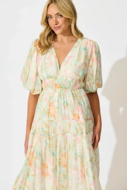 Fashion Amalie Midi Dress In White with Pastel Multi Floral Dresses|Casual