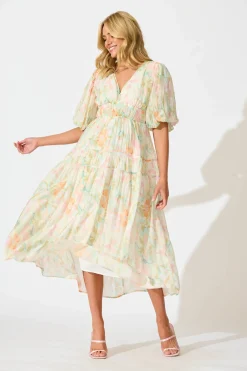 Fashion Amalie Midi Dress In White with Pastel Multi Floral Dresses|Casual