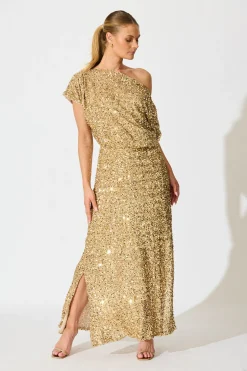 Fashion Amiri Off Shoulder Maxi Dress in Gold Sequin Dresses|Party