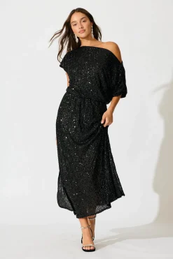 Discount Amiri Off Shoulder Maxi Dress in Black Sequin Dresses|Party