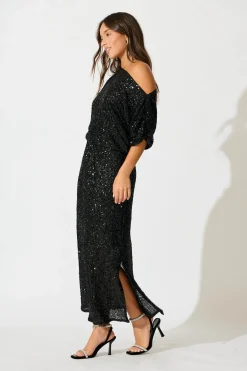 Discount Amiri Off Shoulder Maxi Dress in Black Sequin Dresses|Party