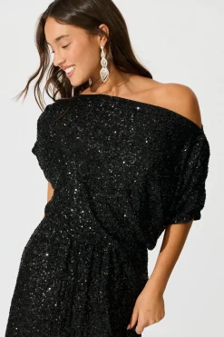 Discount Amiri Off Shoulder Maxi Dress in Black Sequin Dresses|Party