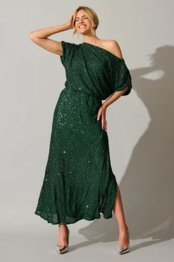 Discount Amiri Off Shoulder Maxi Dress in Emerald Sequin Dresses|Party